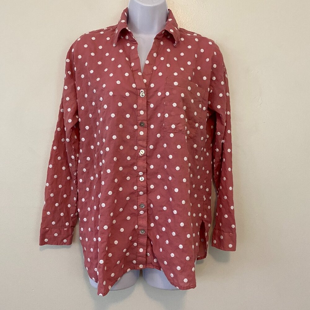 J Jill Pink White Textured Polka Dot Long Sleeve Button Shirt Womens Small